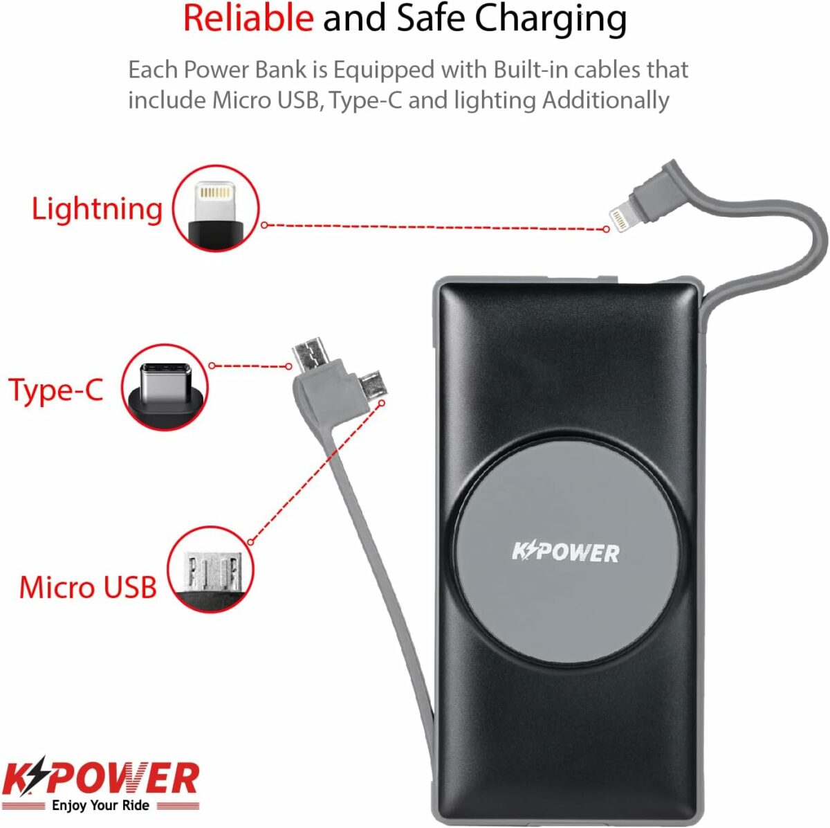 K POWER 6 in1 Wireless Power Bank Station 10000mAh with Built-in Cable, Power Delivery 20W QC Wireless and 1 Rapid Re-Charging Station with 4 USB Outputs/ 120W Charging Base Input - Black