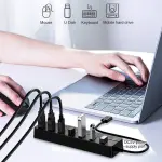 Powered USB Hub 3.0, 7 Ports USB Charging Extender Data Hub Splitter Extension, with Individual Switches and Lights for Laptop, PC, Computer, USB Devices Super Compatible, 5Gbps Data Transfer Speed