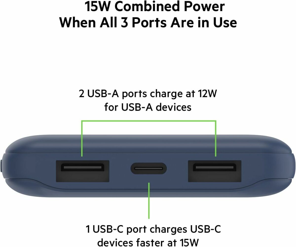 Belkin 10000mAh portable power bank, 10K USB-C portable charger with 1 USB-C port and 2 USB-A ports, battery pack for up to 15W charging for iPhone, Samsung Galaxy, AirPods, iPad, and more – Blue