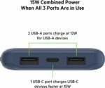 Belkin 10000mAh portable power bank, 10K USB-C portable charger with 1 USB-C port and 2 USB-A ports, battery pack for up to 15W charging for iPhone, Samsung Galaxy, AirPods, iPad, and more – Blue