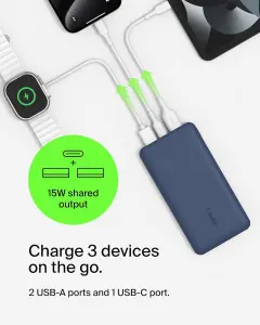 Belkin 10000mAh portable power bank, 10K USB-C portable charger 9 Belkin 10000mAh portable power bank, 10K USB-C portable charger with 1 USB-C port and 2 USB-A ports, battery pack for up to 15W charging for iPhone, Samsung Galaxy, AirPods, iPad, and more – Blue