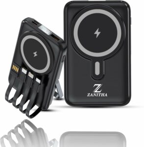 ZANITHA Wireless Power Bank 10000mAh with Built-in Cables | MagSafe Battery Pack Powerbank - Magnetic Power Bank with LED Screen & PD Fast Charging for iPhone 16/15/14/Pro/Max, Samsung &Smart Watches