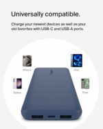 Belkin 10000mAh portable power bank, 10K USB-C portable charger with 1 USB-C port and 2 USB-A ports, battery pack for up to 15W charging for iPhone, Samsung Galaxy, AirPods, iPad, and more – Blue