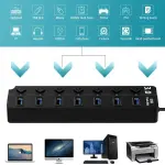 Powered USB Hub 3.0, 7 Ports USB Charging Extender Data Hub Splitter Extension, with Individual Switches and Lights for Laptop, PC, Computer, USB Devices Super Compatible, 5Gbps Data Transfer Speed