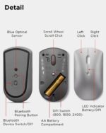 Lenovo 600 Bluetooth Silent Mouse, Blue Optical Sensor, Adjustable DPI, 4 Button, Microsoft Swift Pair, Windows, Chrome, GY50X88832, Gray