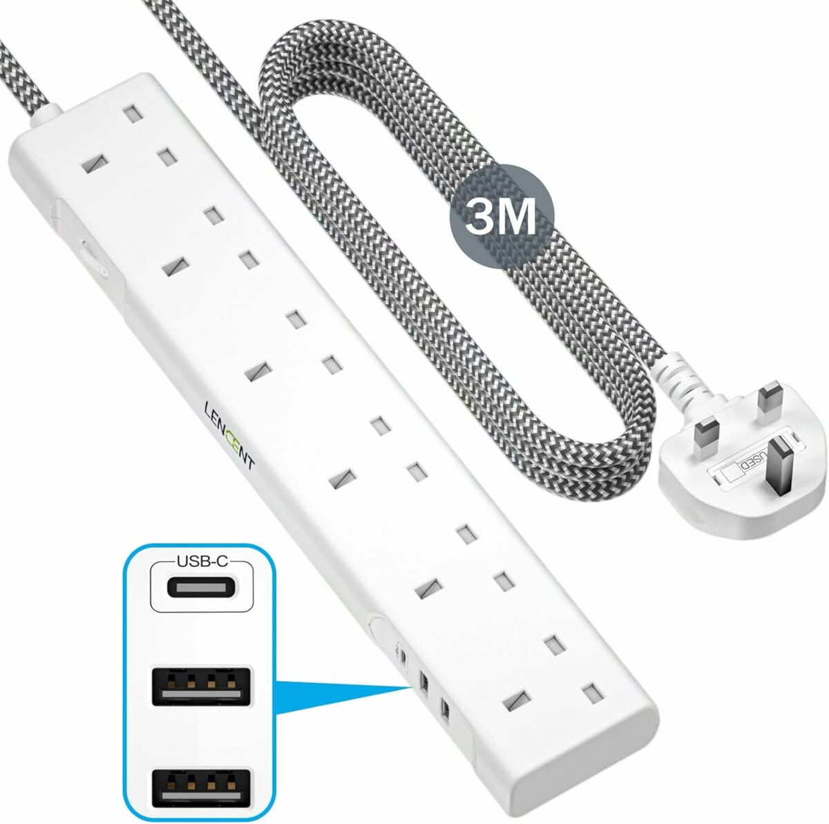 LENCENT 3M Extension Lead with USB Slots, 6 Way Outlets Power Strip with 1 USB-C and 2 USB Slots,Multi Power Plug Extension with 3M Braided Extension Cord for Home Office, White