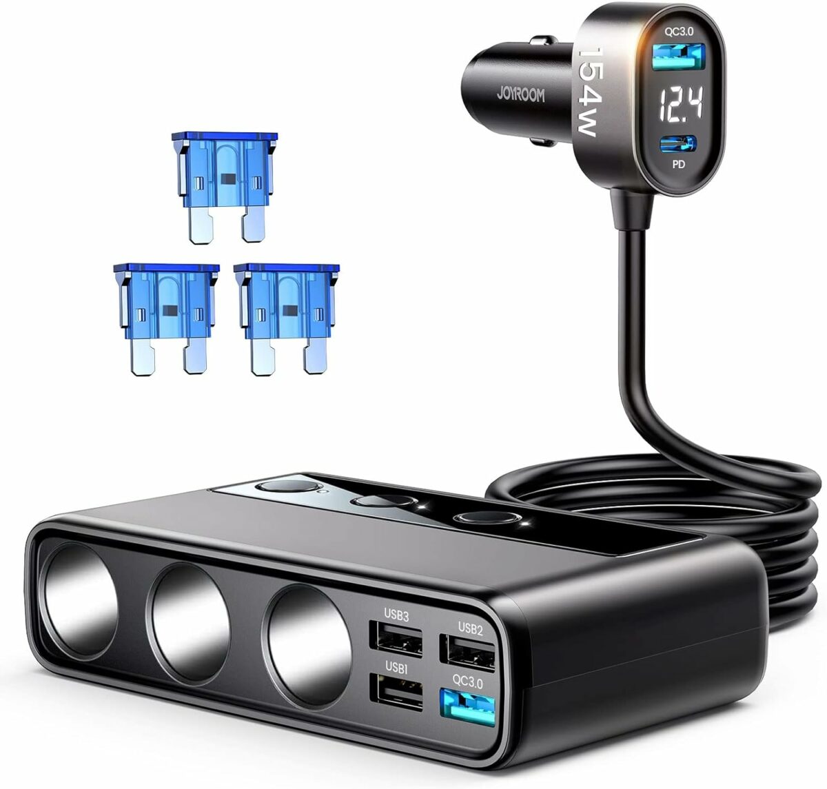 9 in 1 Car Charger Splitter, JOYROOM 154W Car Charger Adapter with PD/QC 3.0 * 2 Charge(3.3FT Cable), 12V/24V Independent Switches DC Outlets Car Charger