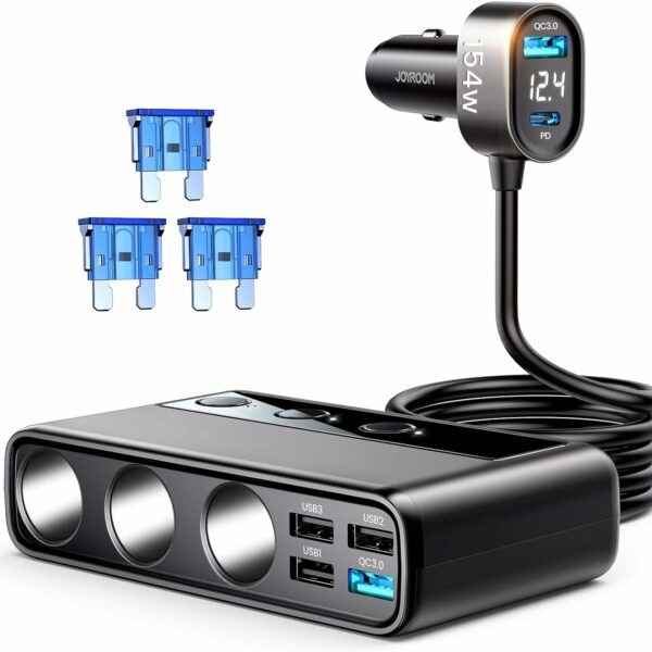 9 in 1 Car Charger Splitter, JOYROOM 154W Car Charger Adapter with PD/QC 3.0 * 2 Charge(3.3FT Cable), 12V/24V Independent Switches DC Outlets Car Charger