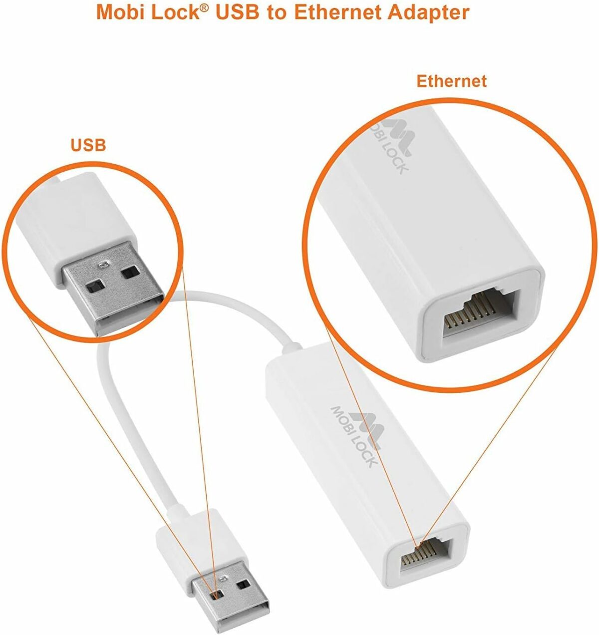 USB Ethernet (LAN) Network Adapter Compatible with Laptops, and All USB 2.0 Compatible Computers Including Windows 7 to 11, Vista, all Mac OS X, and macOS - by Mobi Lock