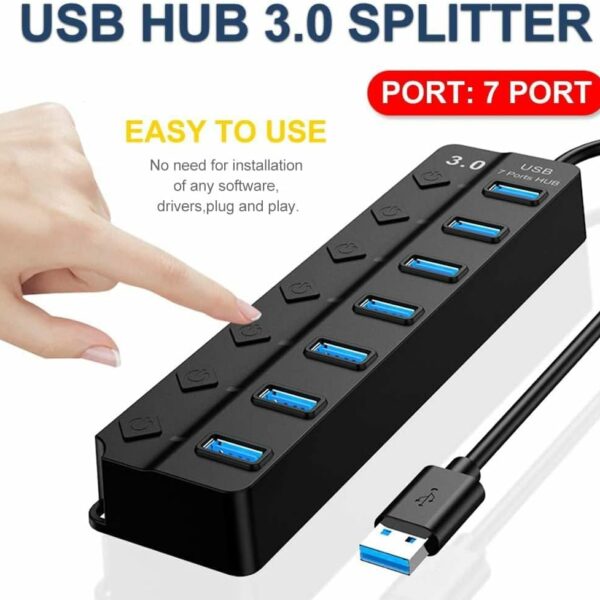 Powered USB Hub 3.0, 7 Ports USB Charging Extender Data Hub Splitter Extension, with Individual Switches and Lights for Laptop, PC, Computer, USB Devices Super Compatible, 5Gbps Data Transfer Speed