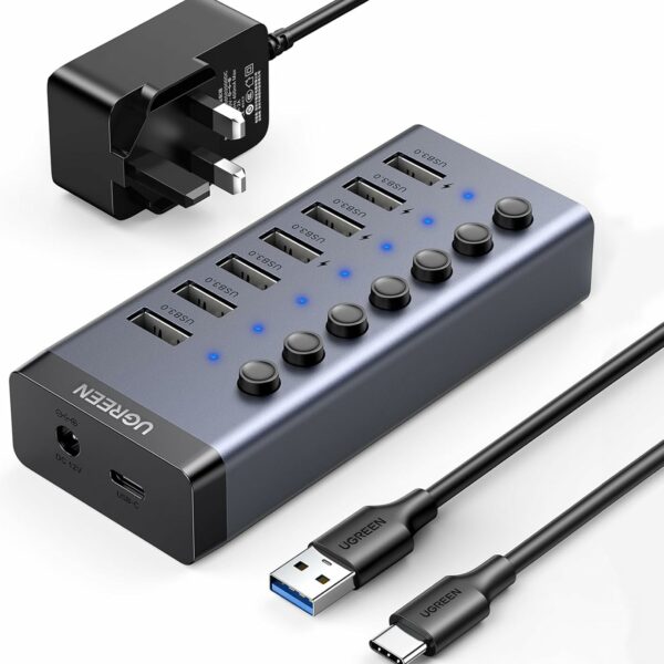 UGREEN Powered USB Hub 3.0, 7-Ports USB Charging Extender Data Hub (12V/2A Not Fast Charge) USB Splitter Extension, Power USB Adapter with Individual On/Off Switches for Laptop,PC, HDD, Flash Drive