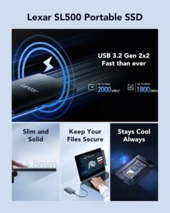 Lexar SL500 External SSD 1TB, USB3.2 Gen2x2 Portable SSD, PSSD up to 2000MB/s Read, 1800MB/s Write, External Solid State Drive with Metal Design, DataShieldTM 256-bit AES Encryption(LSL500X001T-RNBNG)