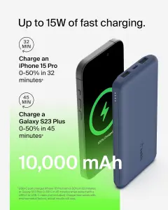 Belkin 10000mAh portable power bank, 10K USB-C portable charger 13 Belkin 10000mAh portable power bank, 10K USB-C portable charger with 1 USB-C port and 2 USB-A ports, battery pack for up to 15W charging for iPhone, Samsung Galaxy, AirPods, iPad, and more – Blue