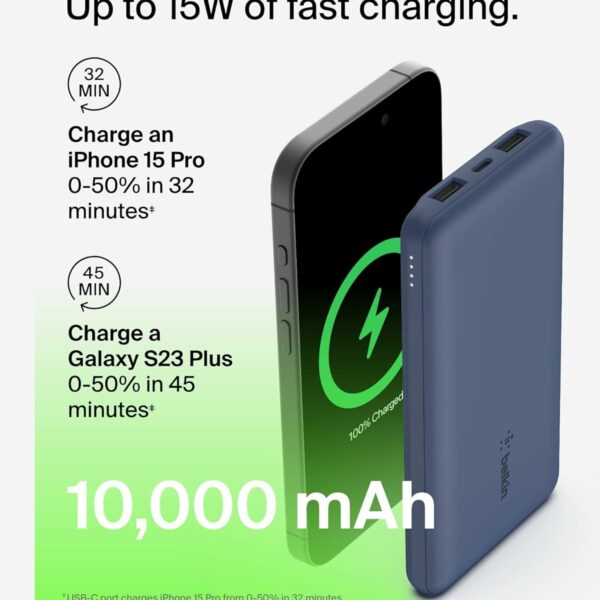 Belkin 10000mAh portable power bank, 10K USB-C portable charger with 1 USB-C port and 2 USB-A ports, battery pack for up to 15W charging for iPhone, Samsung Galaxy, AirPods, iPad, and more – Blue