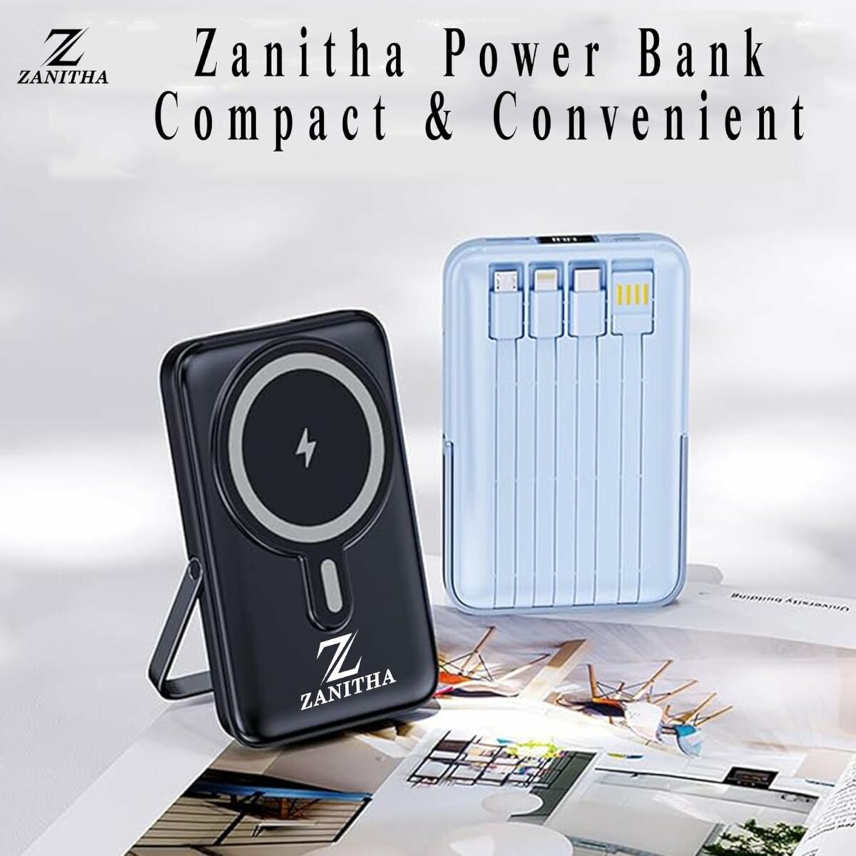 ZANITHA Wireless Power Bank 10000mAh with Built-in Cables | MagSafe Battery Pack Powerbank - Magnetic Power Bank with LED Screen & PD Fast Charging for iPhone 16/15/14/Pro/Max, Samsung &Smart Watches