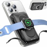 بنك طاقة WASTDE بسعة 10000 مللي أمبير في الساعة مع شاحن iWatch، بنك طاقة Mag-Safe بقوة 20 وات مع شحن سريع USB C وكابلين مدمجين، شاحن محمول لساعة Apple Watch Ultra 9/8/7/6/SE، وسلسلة iPhone 16/15/14/13/12