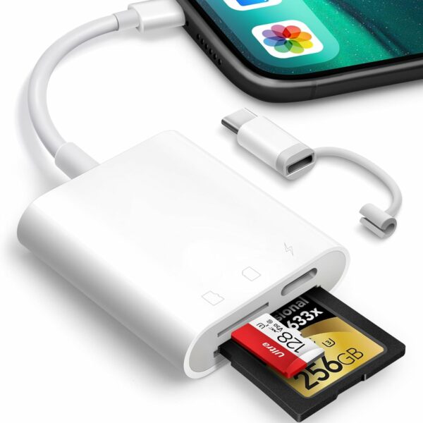 The Oyuiasle SD Card Reader for iPhone and iPad is a convenient plug-and-play accessory that allows users to view, transfer, and back up files from SD and microSD cards directly onto their iOS devices. Designed to simplify data management, it’s popular among photographers, game camera users, and anyone needing quick access to memory card content without a computer. Key Features: Compatibility: This card reader is compatible with iPhones and iPads through a Lightning connector, supporting devices running iOS 9.2 and later. It works with SD and microSD cards up to 512GB, providing flexibility for various storage needs. Plug and Play: With no need for additional apps, users can plug the reader into their device and access files directly through the Photos app or Files app on iOS. This makes it easy to view photos, videos, and documents quickly. Dual Slot Design: It has separate slots for SD and microSD cards, allowing users to insert both card types at once. This can be helpful for transferring content between cards or managing multiple storage devices. Versatile Use: The reader supports various formats (JPEG, RAW, and HD video formats, among others), making it ideal for use with trail and game cameras, GoPros, and digital cameras, especially when viewing images or footage in the field. Portable Design: Compact and lightweight, the reader is portable and easy to carry, ideal for photographers and travelers. This card reader provides an easy, app-free solution for transferring files directly to an iPhone or iPad, making it particularly useful for those needing quick access to content on the go.