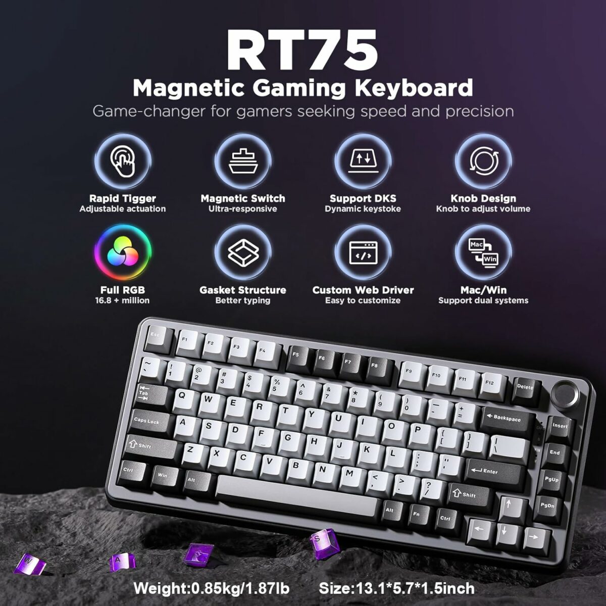 YUNZII RT75 Rapid Trigger Gaming Keyboard Hall Effect Keyboard Magnetic Switch Adjustable Actuation Esports 75% Layout TKL Mechanical Keyboard RGB PBT Keycaps (Black, Outemu Switch)