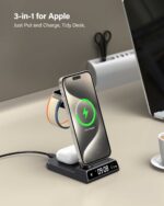 leChivée Wireless Charger for iPhone, 3 in 1 Wireless Charging Station with Clock for iPhone 16/15/14/13/12/11 Series, Watch Charger Compatible with Apple Watch Ultra 2/9/8/7/6/5/4, Air Pods 4