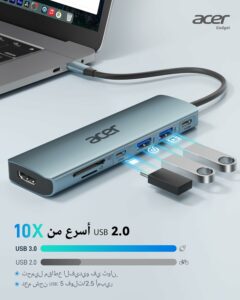 acer USB C Hub (7-in-1 Multi-Port) Type-C Adapter Hub to 4K HDMI, Micro SD Card Reader, USB C & USB A 3.0, 100W PD, Compatible with iPad Pro, MacBook Pro, Laptops