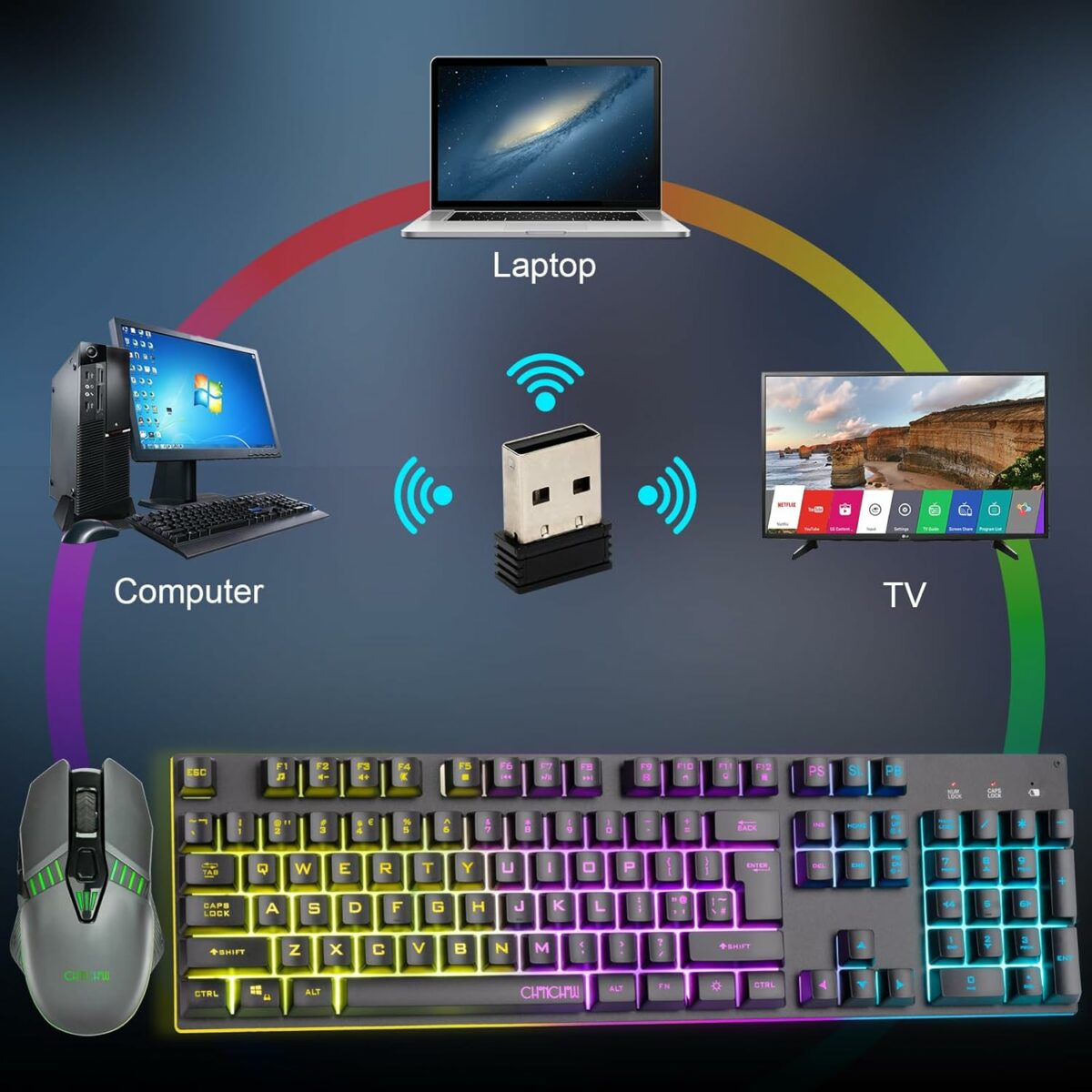 CHONCHOW Gaming Wireless Keyboard and Mouse Combo Metal Surface Rechanrgeable Big Battery 2800mah Mechanical Feel LED Backlit Compatible with Xbox one PS5 Laptop Computer Gamer(2.4G,G311,local)