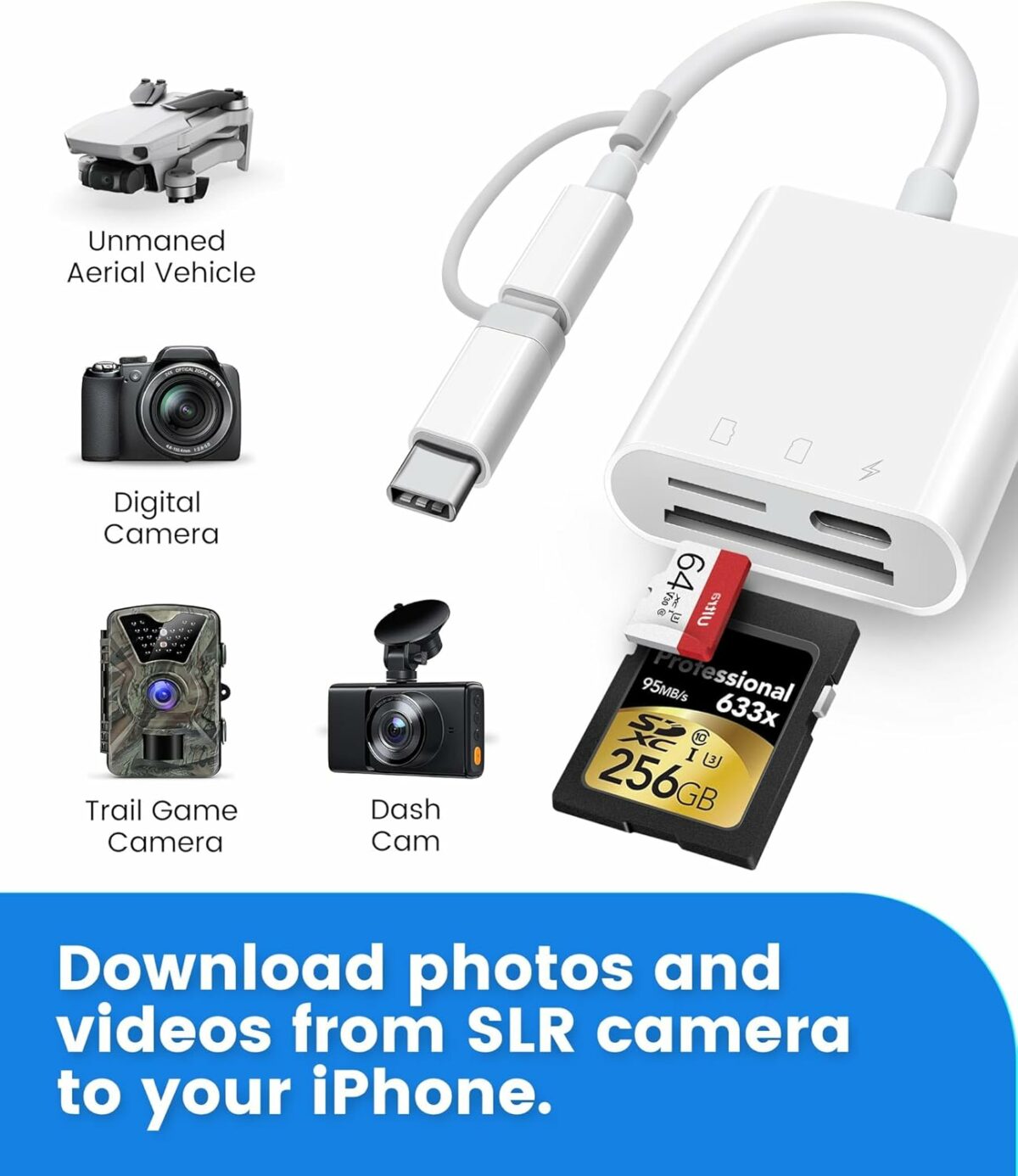 The Oyuiasle SD Card Reader for iPhone and iPad is a convenient plug-and-play accessory that allows users to view, transfer, and back up files from SD and microSD cards directly onto their iOS devices. Designed to simplify data management, it’s popular among photographers, game camera users, and anyone needing quick access to memory card content without a computer. Key Features: Compatibility: This card reader is compatible with iPhones and iPads through a Lightning connector, supporting devices running iOS 9.2 and later. It works with SD and microSD cards up to 512GB, providing flexibility for various storage needs. Plug and Play: With no need for additional apps, users can plug the reader into their device and access files directly through the Photos app or Files app on iOS. This makes it easy to view photos, videos, and documents quickly. Dual Slot Design: It has separate slots for SD and microSD cards, allowing users to insert both card types at once. This can be helpful for transferring content between cards or managing multiple storage devices. Versatile Use: The reader supports various formats (JPEG, RAW, and HD video formats, among others), making it ideal for use with trail and game cameras, GoPros, and digital cameras, especially when viewing images or footage in the field. Portable Design: Compact and lightweight, the reader is portable and easy to carry, ideal for photographers and travelers. This card reader provides an easy, app-free solution for transferring files directly to an iPhone or iPad, making it particularly useful for those needing quick access to content on the go.