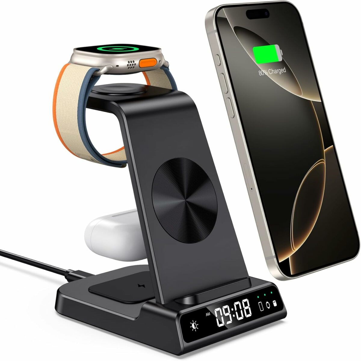 leChivée Wireless Charger for iPhone, 3 in 1 Wireless Charging Station with Clock for iPhone 16/15/14/13/12/11 Series, Watch Charger Compatible with Apple Watch Ultra 2/9/8/7/6/5/4, Air Pods 4