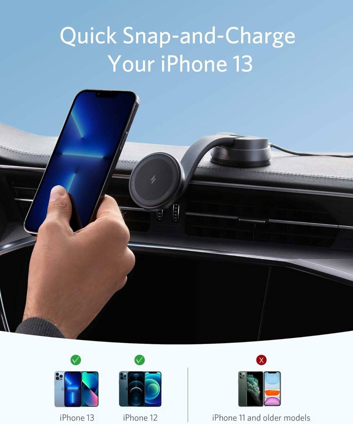 Anker Magnetic Wireless Charger (MagGo), 613 Car Charging Mount with 2-Port USB Charger, 5 ft USB-C to USB-A Cable, Strong Alignment only for iPhone 13, 12/12 Pro / 12 Max Mini