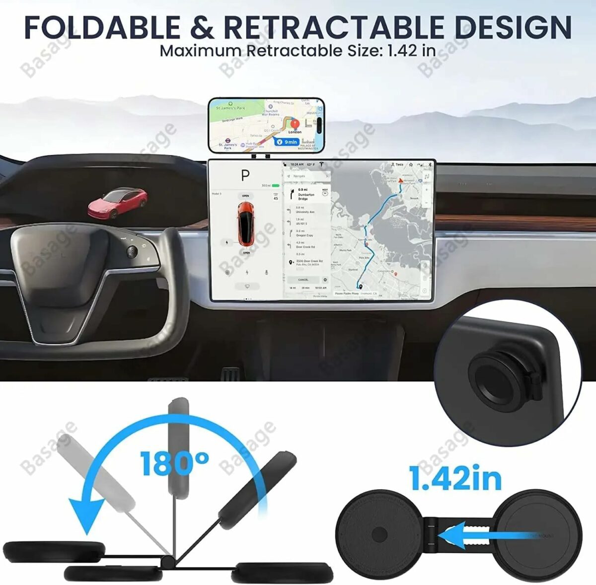 GTSOL Car Phone Holder, Tesla Mount, Foldable Magnetic