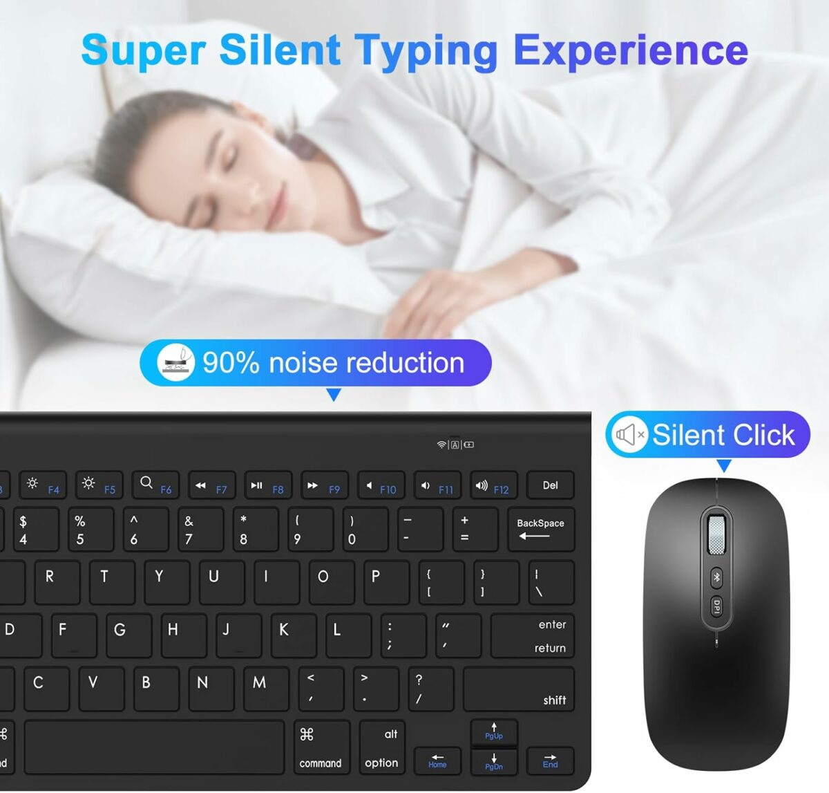 cimetech Bluetooth Keyboard Mouse Combo, Slim Portable Ergonomic Wireless Keyboard and Rechargeable Mouse Compatible with Laptop, iPad, Tablet, PC, Smartphone - Black