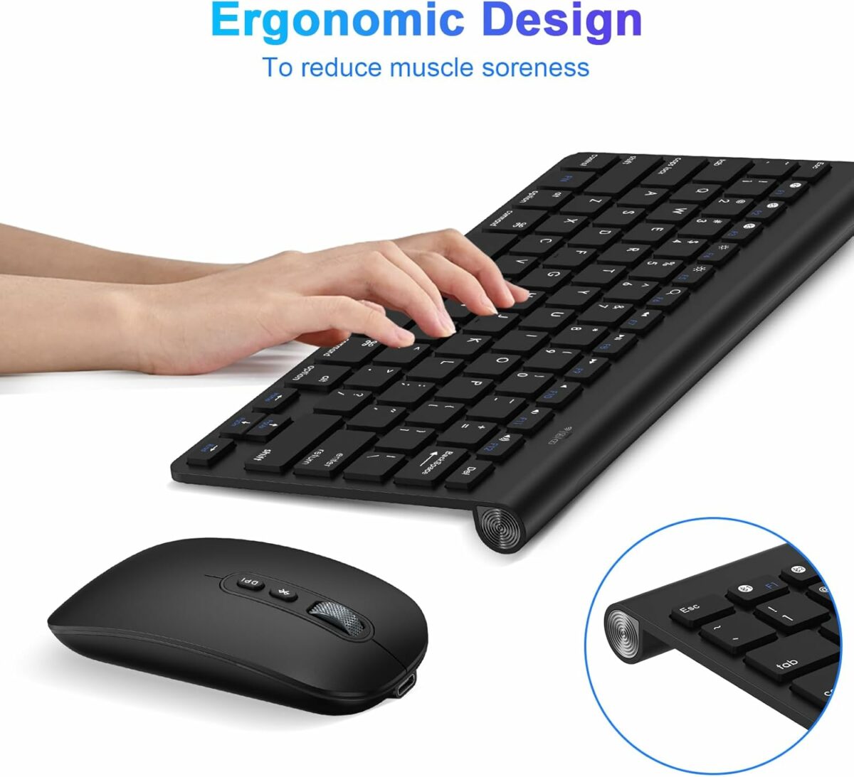 cimetech Bluetooth Keyboard Mouse Combo, Slim Portable Ergonomic Wireless Keyboard and Rechargeable Mouse Compatible with Laptop, iPad, Tablet, PC, Smartphone - Black