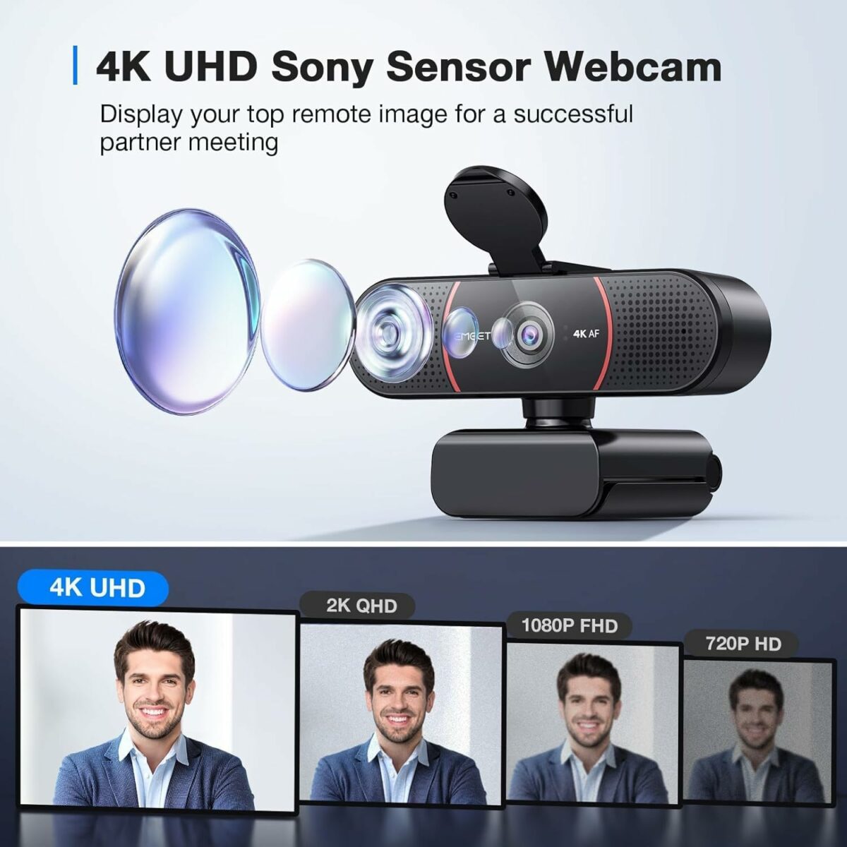 EMEET C960 4K Webcam for PC, 4K UHD Sony Sensor, TOF Auto Focus, Dual AI Noise-Cancelling Mics, Auto Light Correction, 66° FOV, Plug&Play Webcam with Privacy Cover, Works with Zoom/Teams/Skype/Google