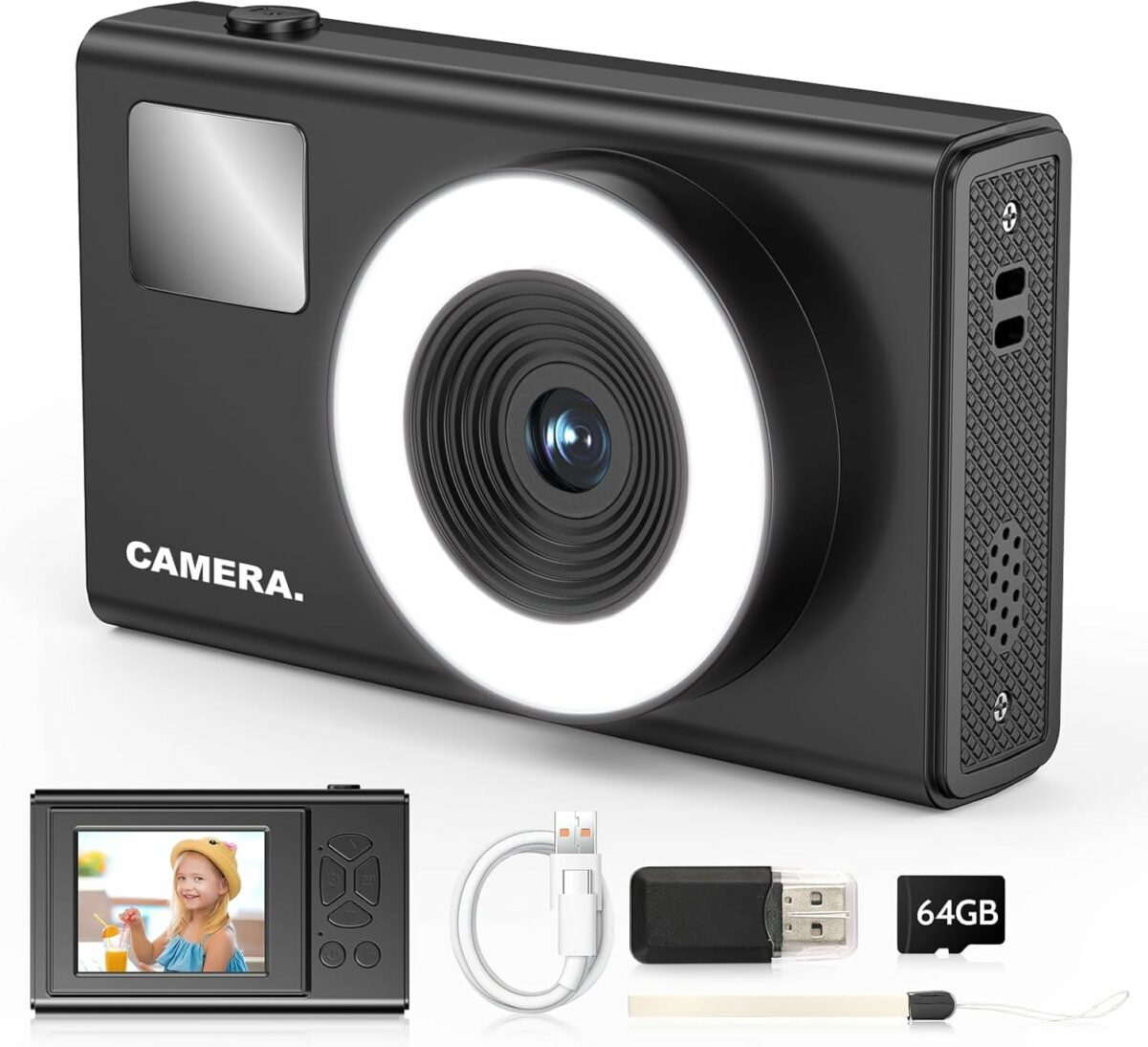 Digital Camera for Kids Fill Light, 1080P FHD Camera, Vintage Camera, Retro Digital Camera CCD for Teens Boys Girls Seniors Student Children, 64GB SD Card, 16X Zoom (Black) (Black)