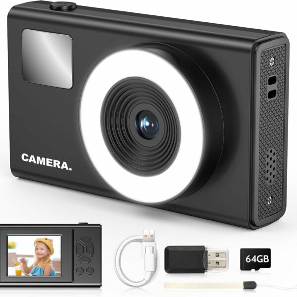 Digital Camera for Kids Fill Light, 1080P FHD Camera, Vintage Camera, Retro Digital Camera CCD for Teens Boys Girls Seniors Student Children, 64GB SD Card, 16X Zoom (Black) (Black)