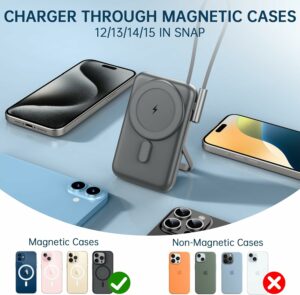 EKR 10,000mAh Power Bank with Stand, MagSafe-Compatible, Built-in Cable, 20W PD Fast Charging for iPhone 16/15/14/13/12/11 series/Android/Google/Airpods - Titanium Black