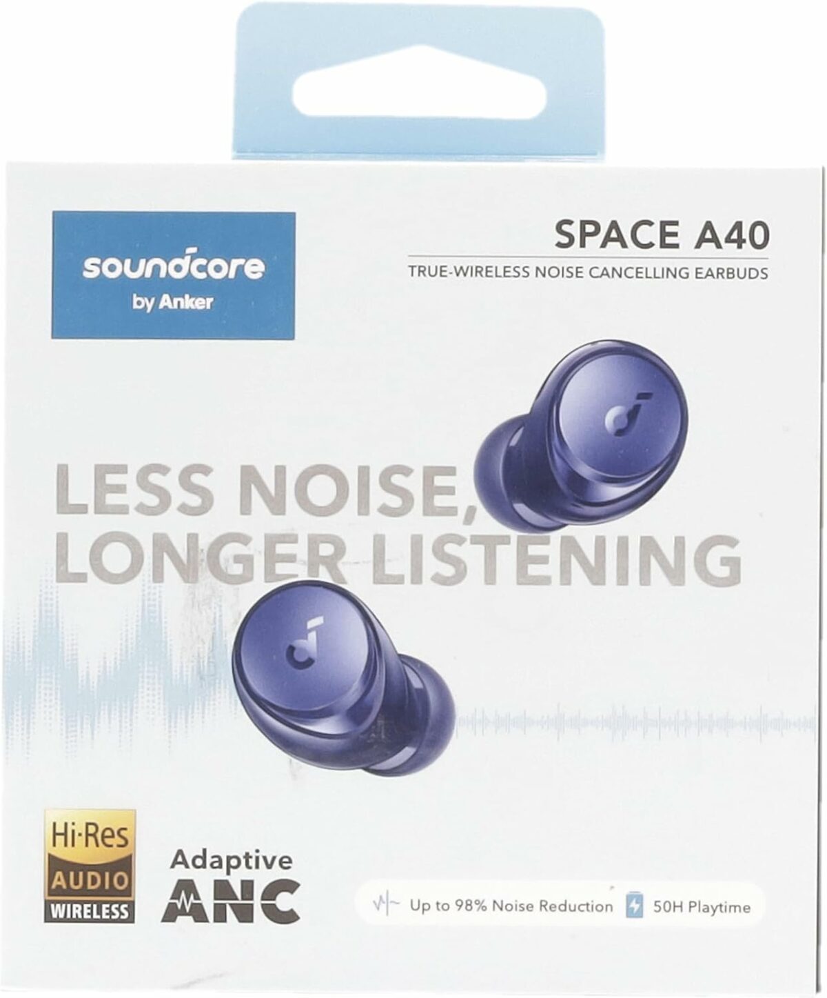 Soundcore by Anker Space A40 Auto-Adjustable Active Noise Cancelling Wireless Earbuds, Reduce Noise by Up to 98%, 50H Playtime, Hi-Res Sound, Comfortable Fit, App Customization, Wireless Charge