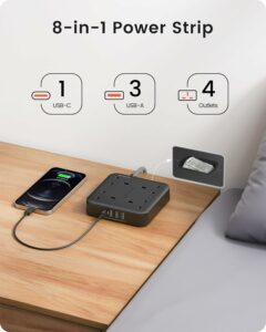 LENCENT Extension Lead with USB C Port, 4 Way Outlets Power Strip with 4 USB Ports (3.4A, 1 Type C and 3 USB-A Ports) Multi Plug Charging with 1.8M Braided Extension cord for Home Office- Black