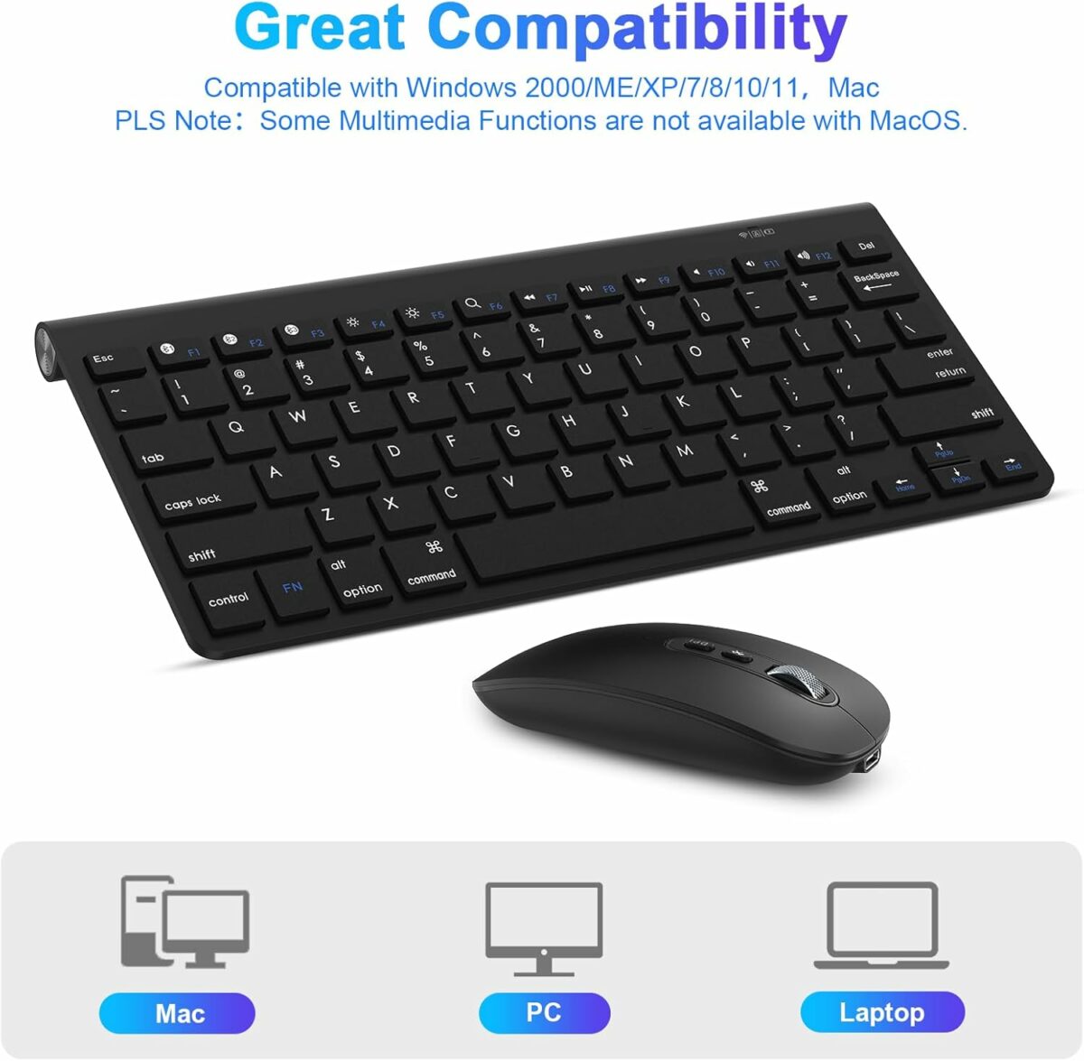 cimetech Bluetooth Keyboard Mouse Combo, Slim Portable Ergonomic Wireless Keyboard and Rechargeable Mouse Compatible with Laptop, iPad, Tablet, PC, Smartphone - Black