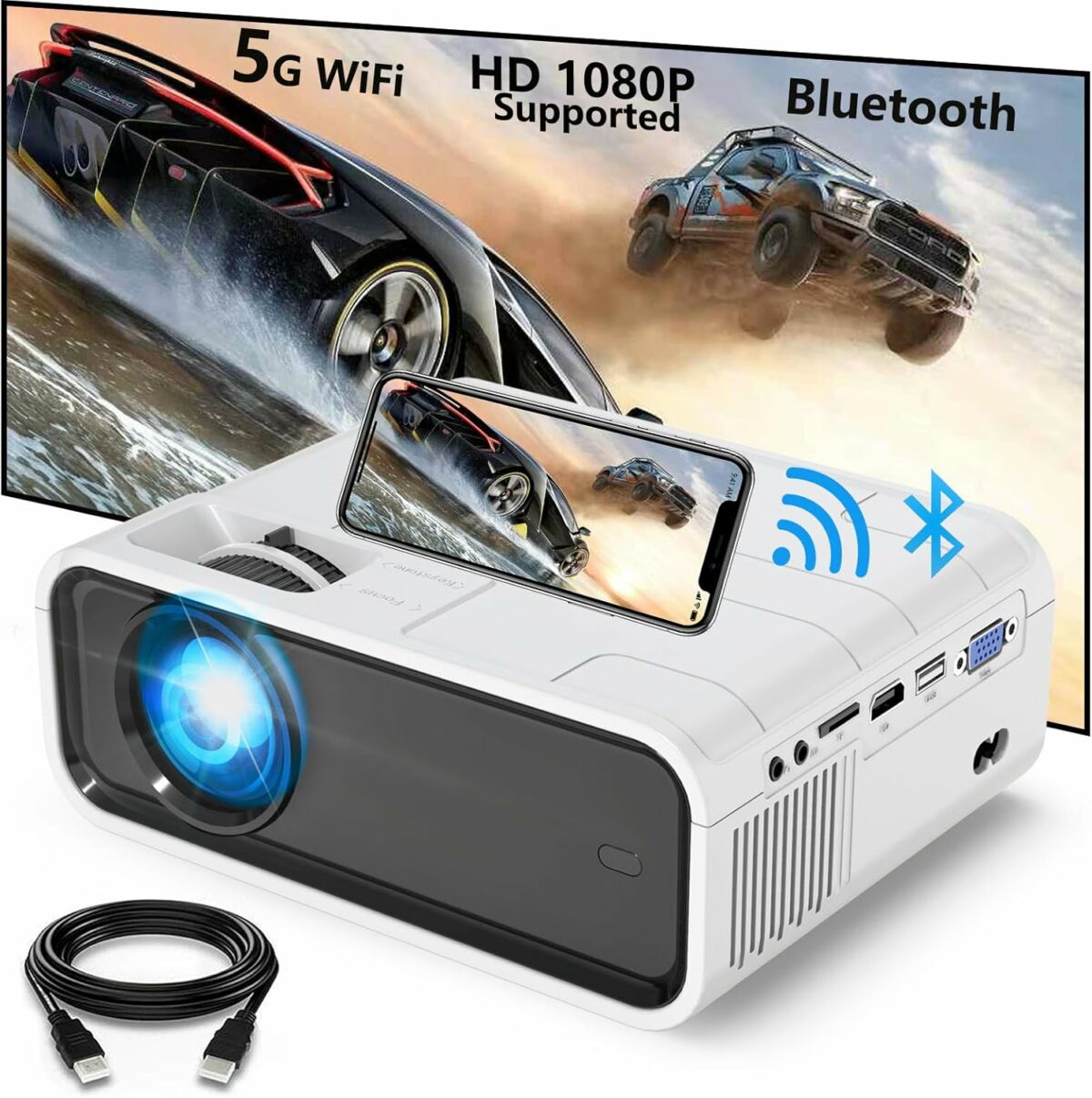 Fun Lites New HD Video Projector with 5G WiFi&Bluetooth,HD 1080P Supported,Portable Movie Projector Compatible with TV Stick/HDMI/USB/PS5/iOS/Android