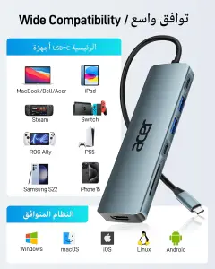 acer USB C Hub (7-in-1 Multi-Port) Type-C Adapter Hub to 4K HDMI, Micro SD Card Reader, USB C & USB A 3.0, 100W PD, Compatible with iPad Pro, MacBook Pro, Laptops