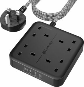 LENCENT Extension Lead with USB C Port, 4 Way Outlets Power Strip with 4 USB Ports (3.4A, 1 Type C and 3 USB-A Ports) Multi Plug Charging with 1.8M Braided Extension cord for Home Office- Black