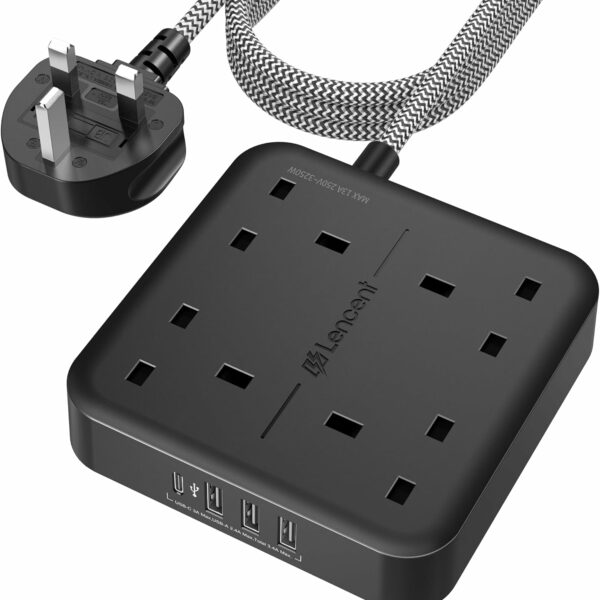 LENCENT Extension Lead with USB C Port, 4 Way Outlets Power Strip with 4 USB Ports (3.4A, 1 Type C and 3 USB-A Ports) Multi Plug Charging with 1.8M Braided Extension cord for Home Office- Black