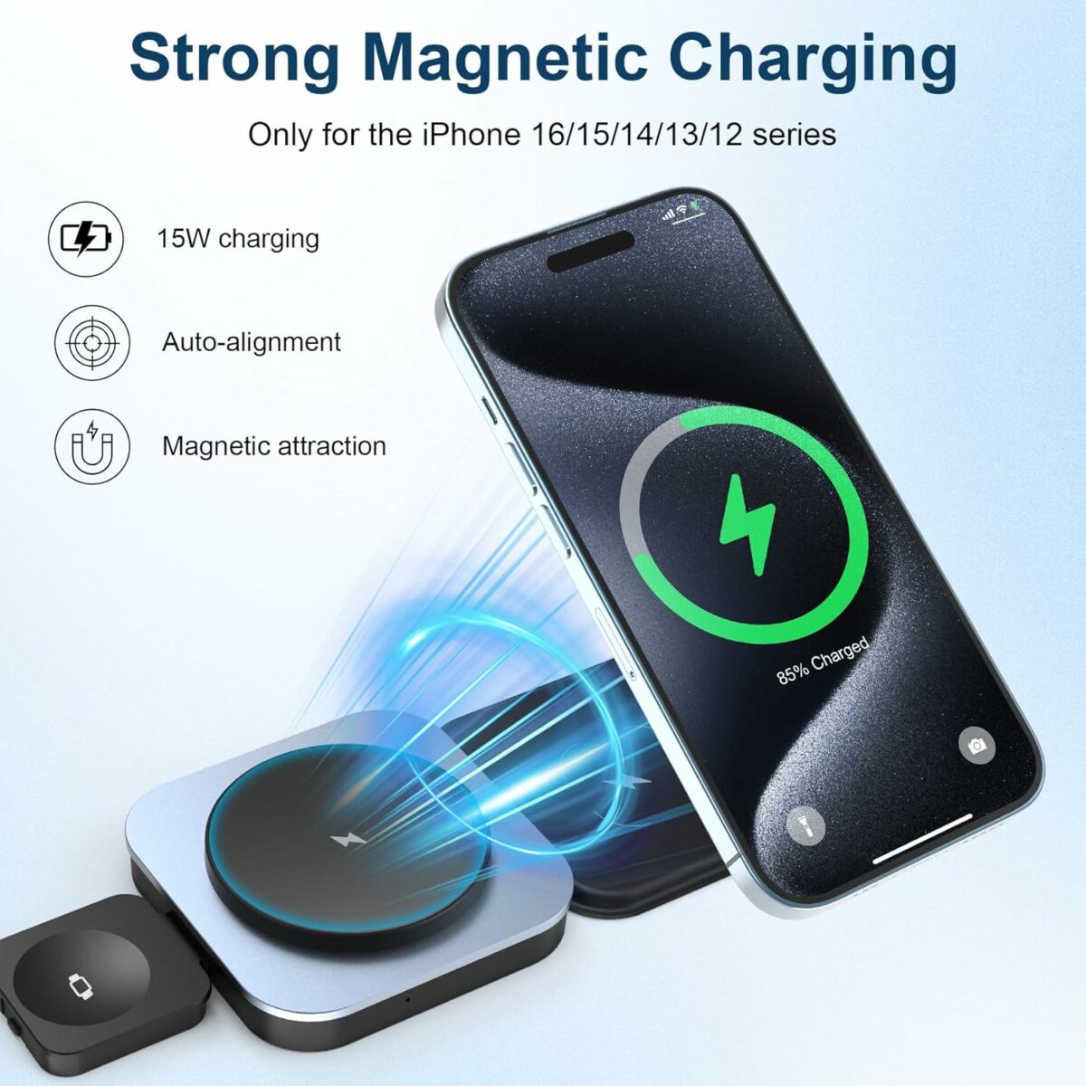 Ufanore Wireless Charger, 3 in 1 Foldable Portable Wireless Charging Station, Magnetic 15W Wireless Charger Stand Compatible with MagSafe iPhone 16/15/14/13/12 series, Apple Watch and AirPods