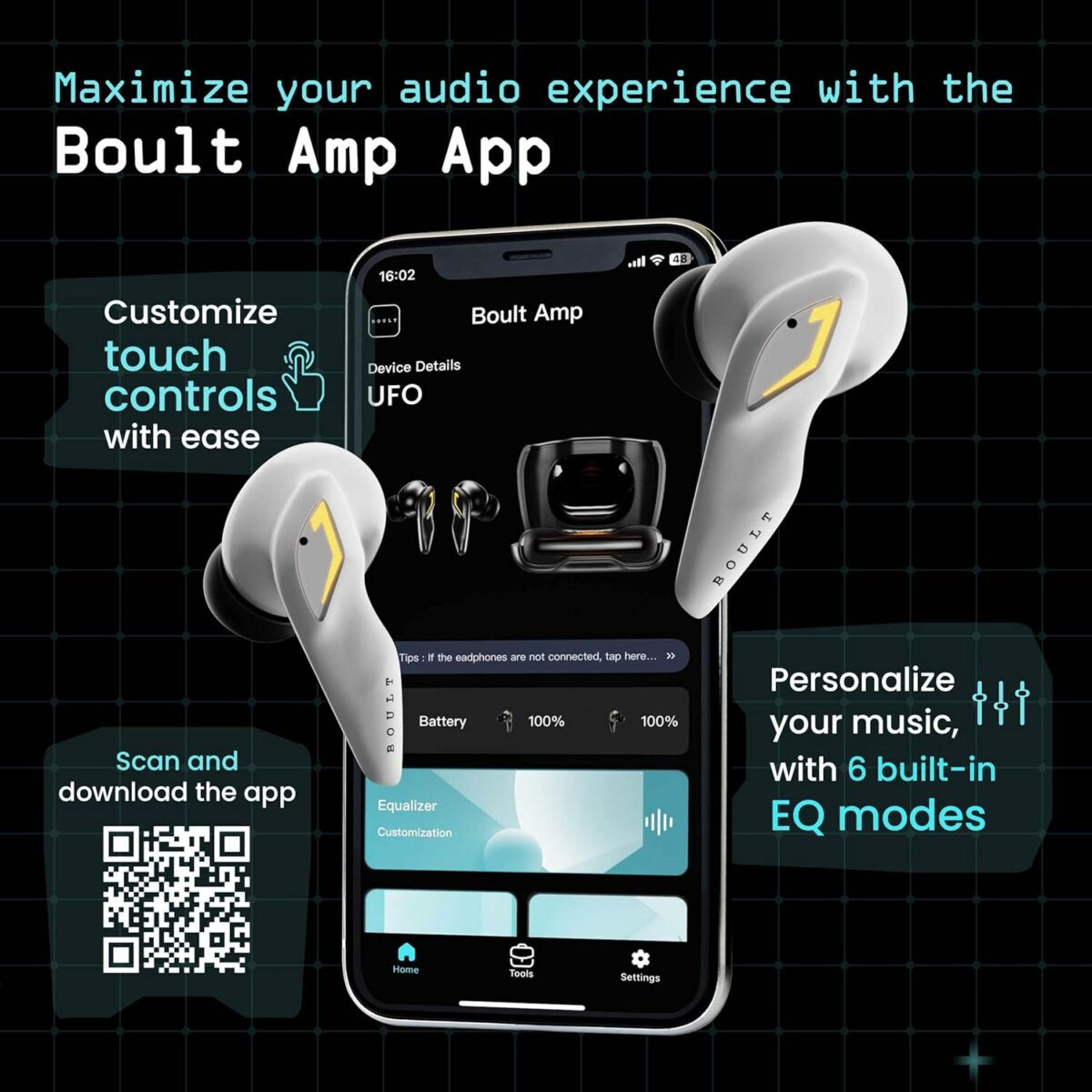 Boult Audio UFO Truly Wireless in Ear Earbuds with 48H Playtime, Built-in App Support, 45ms Low Latency Gaming, 4 Mics ENC, Breathing LEDs, 13mm Bass Drivers Ear Buds TWS, Made in India (Smoky Metal)