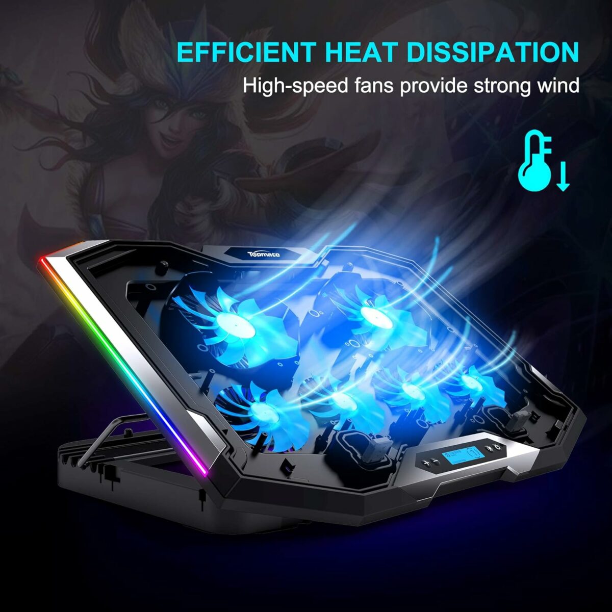 TopMate C11 Laptop Cooling Pad RGB Gaming Notebook Cooler, Laptop Fan Stand Adjustable Height with 6 Quiet Fans and Phone Holder, Computer Chill Mat, for 15.6-17.3 Inch Laptops - Blue LED Light