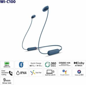 Sony WI C100 Wireless in Ear Bluetooth Headphones with Built in Microphone, Black, WIC100/B, WI-C100-Black, Small