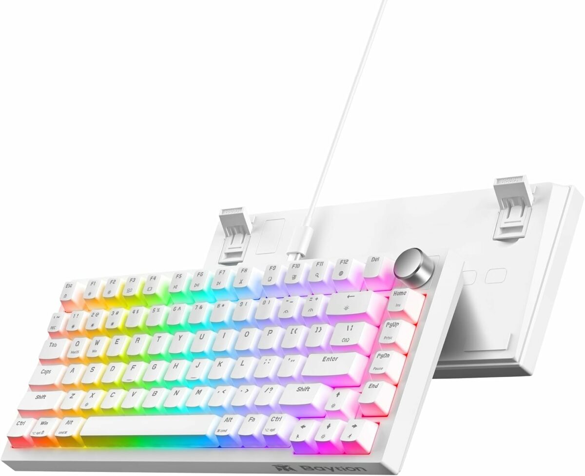 Baytion Mechanical Gaming Keyboard, 82 Keys 75% Compact Gaming Keyboard with Rainbow LED Backlit Wired Anti-Ghosting Mechanical Keyboard with Knob for Windows and Mac, White(Red Switches）