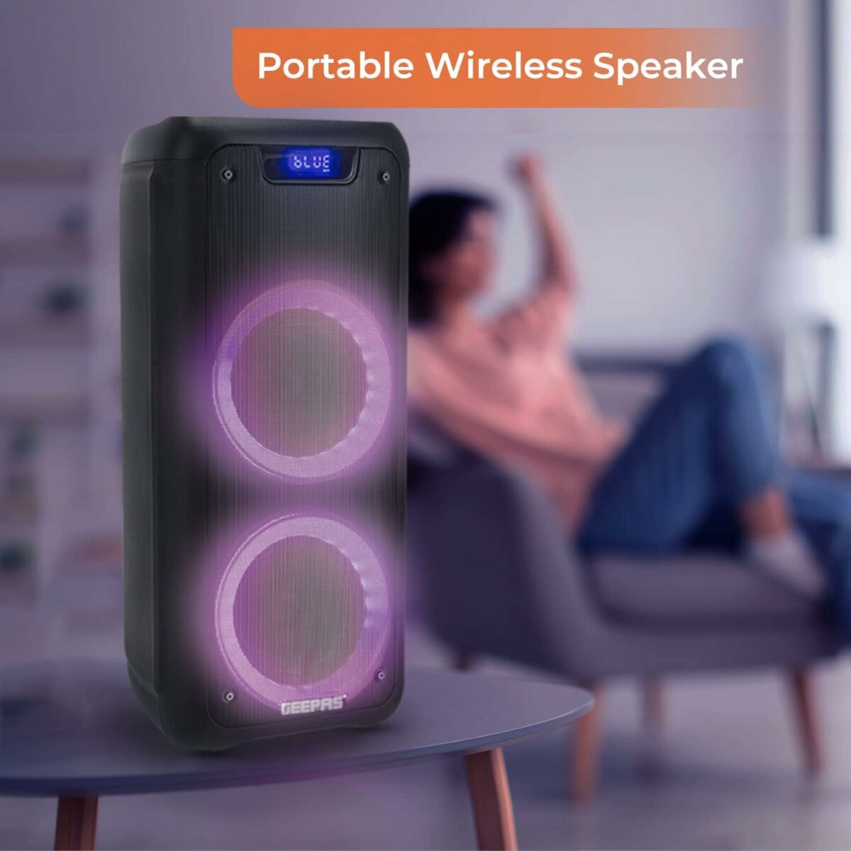 Geepas Rechargeable Professional Speaker, 40000W PMPO, GMS11168 | TWS Connection, BT/FM/USB/TF Card | LED Display | Wireless Microphone | 7.4V/3000mAh Lithium Battery