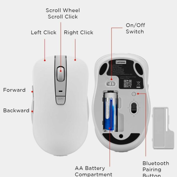 Lenovo Bluetooth Silent Mouse (WL300) - 5 Button Computer Mouse with Silent Left & Right Click – Sculpted Grip, Microsoft Swift Pair, Up to 1600 DPI (White)