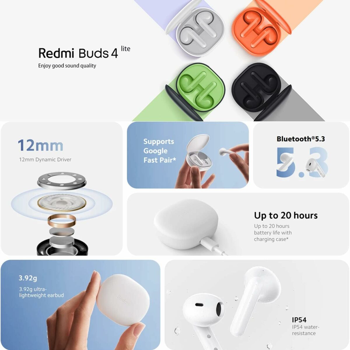 Xiaomi Redmi Buds 4 Lite TWS Wireless Earbuds, Bluetooth 5.3 Low-Latency Game Headset AI Call Noise Cancelling, IP54 Waterproof, 20H Playtime, Lightweight Comt Fit Headphones, Black, 55.5*47.2*22.2mm